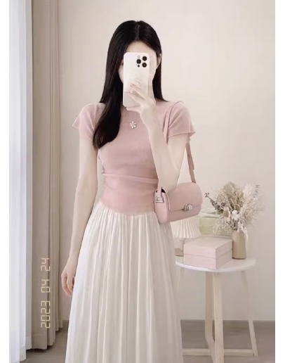 2024 new style Fashion high-end fairy temperament dress skirt pink two-piece suit for women summer